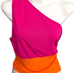 SHEIN Pink and Orange One-Shoulder Tank Top